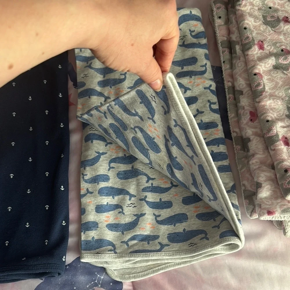 3 Navy, Blue, and Cream Whale Print baby Blankets